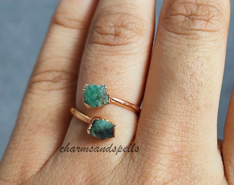 Raw Emerald Ring, Rose Gold Electroplated Brass, May Birthstone, Handmade