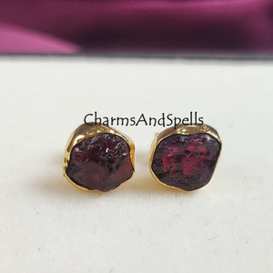 Natural Raw Rubelite Stud Earrings, July Birthstone Studs, 14K Gold Plated Raw Ruby Studs Earrings, Gift For Mother, Gift For Woman, Gift