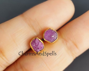 Raw Ruby Earrings, 925 Sterling Silver Stud, July Birthstone, Wedding Gift for Women, Tiny Stud Earrings, Dainty Earrings