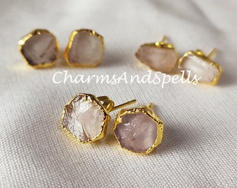 Raw Rose Quartz Earrings, Quartz Stud Earrings, Pink Stone Earrings Stud, Rose Quartz Earrings, Quartz Gold Plated Earrings, Gifts For Her