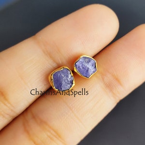 Tiny Rough Tanzanite Earrings, Natural Tanzanite Stud Earrings, Raw Gemstone Earrings, December Birthstone Gift, Minimalist Crystal Studs