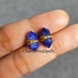 Sapphire Pencil Stud, Sapphire Gemstone Studs, Blue Stone Studs, Double Point Sapphire Studs, Wire Wrap Jewelry, Gift For Mother, Birthstone