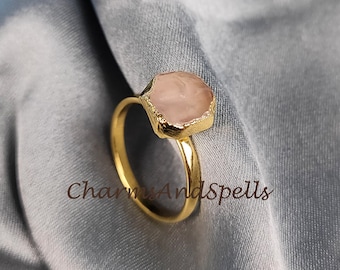 Rough Rose Quartz Ring, Pink Gemstone Ring, Electroplated Ring, Gift for Women, Raw Stone Jewelry, Ethnic Ring, Women Ring, Gift Jewelry