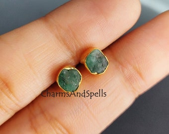 Tiny raw emerald earrings for bridesmaids gift, natural green emerald studs, wedding anniversary gift for her, small emerald stud earring