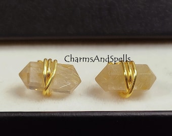 Golden Rutile Stud Earrings, 925 Sterling Silver Stud, Pencil Point Studs, Wire Wrap Jewelry, Trendy Gift For Summer, Jewelry For Women