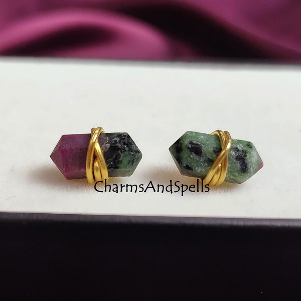 Natural Ruby Zoisite Stud Earrings, Pencil Point Stone Earrings, Minimalist Stone Studs, Green Pink Gemstone Earrings, Natural Stone Studs