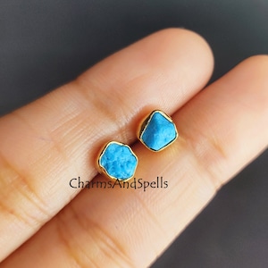 Tiny Raw Turquoise Earrings • Dainty Studs • Gemstone Jewelry • December Birthstone • Handmade Blue Stud Earrings • Simple Bridesmaid Gift