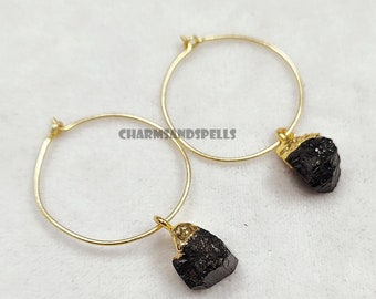 Raw Tourmaline Hoop Earring, Protective Crystal Jewelry, Minimalist Bohemian Style, Birthday Gift