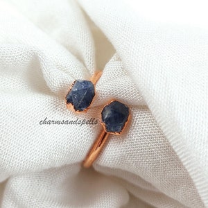 Raw Blue Sapphire Uncut Rough Gemstone Ring, Rose Gold Finish Ring September Birthstone Ring, Delicate Ring, Healing Stone Ring