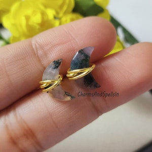 Moss Agate Earrings, Crescent Moon Stud, Bohemian Jewelry, Wire Wrapped Earring, Agate Jewelry,  Wedding Gift, Woman Earring, Gift For Her