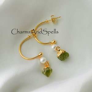 Natural Raw Peridot Earrings, Gold Plated Gemstone Earring, August Birthstone, Raw Stone Jewelry, Raw Crystal Earrings, Summer Jewelry, Gift