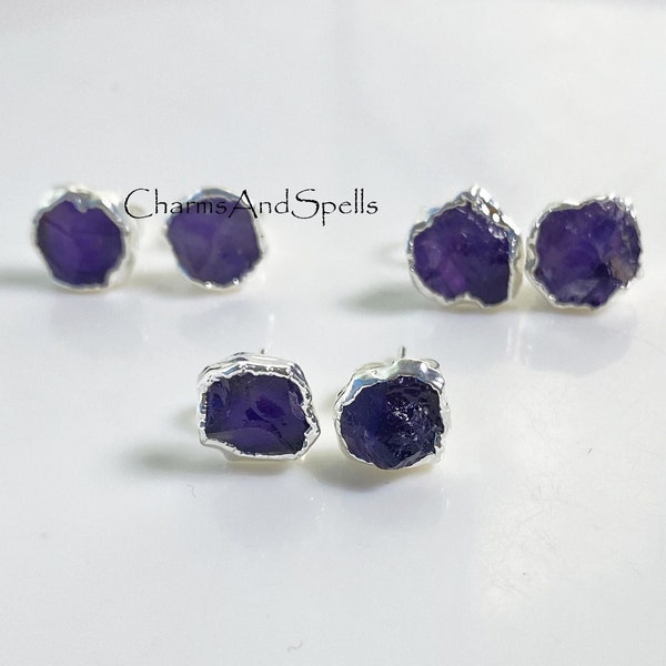 Raw Amethyst Earring, Silver Plated Earring, Amethyst Stud Earring, Dainty Earring, Purple Crystal Earring, Raw Stone Earring,Christmas Gift