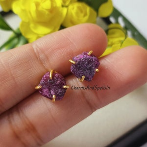 Raw Ruby Gemstone Stud Earrings, July Birthstone, Boho Crystal, Gift For Her