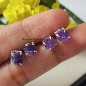Tiny Raw Amethyst Stud Earring, 925 Sterling Silver Jewelry, Boho Earring, Purple Amethyst Prong Stud, Birthstone Jewelry, Unique Gift Idea