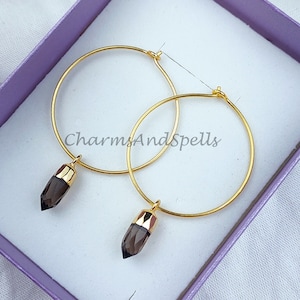Smoky Quartz Hoop Earrings, Handmade jewelry,  healing Crystal Earrings, Pencil Cut, Gemstone Jewelry, christmas gift, Boho earring