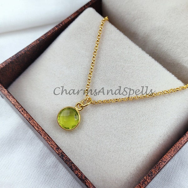 Peridot Necklace, 18K Gold Plated Jewelry, Wife Gift, Personalized Round Necklace, August Birthstone Necklace, Bridesmaid Jewelry, Mom Gift