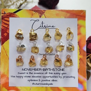 Raw Citrine Gemstone Pendant Connector, Electroplated Charm, Natural Gemstone Handmade Jewelry, November Birthstone Pendant, Sold By Piece