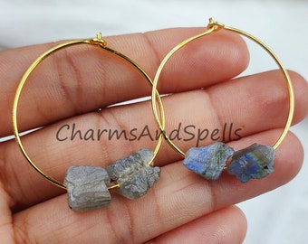 Natural Labradorite Earrings, Blue Flashy Labradorite, Raw Labradorite Earrings, 14K Gold Plated Earrings, Loop Earring, Boho Gift For Women