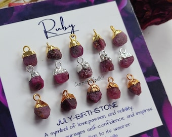 Beautiful Raw Pink Ruby Gemstone Pendant Connector, Handmade July Birthstone Pendant, Raw Gemstone, Electroplated Pendant, Sold By Piece