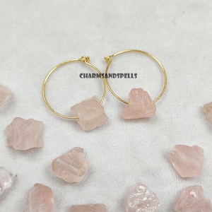 Raw ROSE QUARTZ Crystal Hoop Earrings, Raw Crystal Necklace, Dangle Earrings, Birthstone Jewelry, Boho Jewelry Gift, Pink Crystal Earring