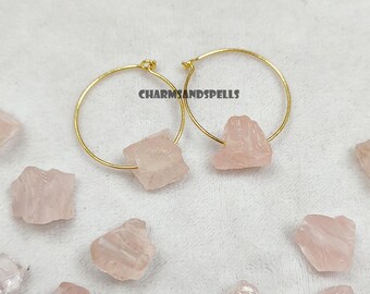 Raw ROSE QUARTZ Crystal Hoop Earrings, Raw Crystal Necklace, Dangle Earrings, Birthstone Jewelry, Boho Jewelry Gift, Pink Crystal Earring