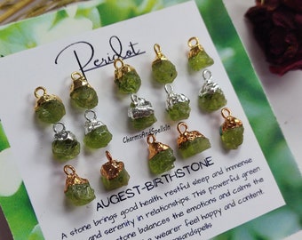 Conector colgante de peridoto verde, joyería galvanizada, piedra de nacimiento de agosto, peridoto natural en bruto, piedra de nacimiento de agosto, idea de regalo, se vende por pieza.