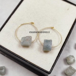 Natural Aquamarine Earring, Raw Aquamarine Earring, Hoop Earring, Gift For Her, Birthstone Earring, Anniversary Gift, March Birthstone