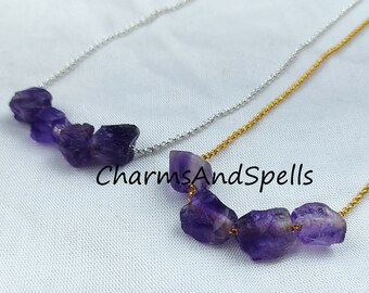 Raw Amethyst Crystal Necklace – February Birthstone Pendant – Gold or Silver Plated Adjustable Chain