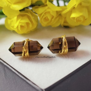 Smoky Quartz Wire Wrapped Stud Earring, Handmade Jewelry, Double Terminated Stud Earring, Smoky Quartz Jewelry, Anniversary Gift For Her