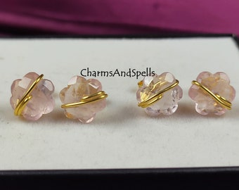 Natural Rose Quartz Flower Studs, Wire Wrap Earring Studs, Soft Pink Quartz Statement Earrings for Women, Mother's Day Gift, Boho Earrings