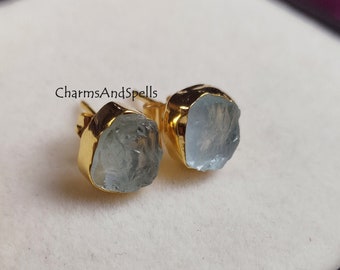 Raw Natural Aquamarine Crystal Stud, Aquamarine Post Earrings, Ready to Gift for March, Birthday Gift, Minimal Raw Gemstone Studs, Gift Her