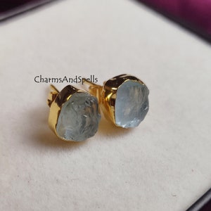 Raw Natural Aquamarine Crystal Stud, Aquamarine Post Earrings, Ready to Gift for March, Birthday Gift, Minimal Raw Gemstone Studs, Gift Her