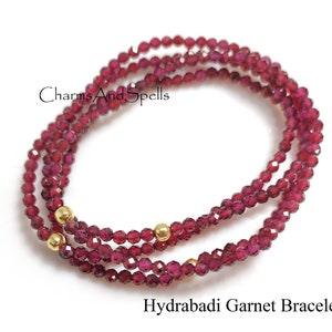 Hyderabadi Garnet Bracelet, Beaded Red Gemstone Elastic Stacking Jewelry, Delicate Stretch Faceted Small Beads, Healing Crystals Bracelet