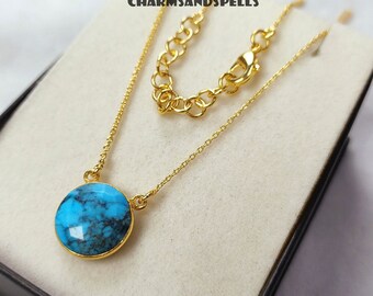 Turquoise Stone Round Pendant Necklace, Bohemian Jewelry, Minimalist Crystal, Gift For Her
