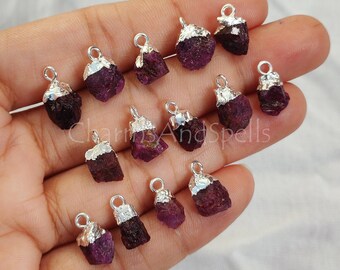 Raw Ruby Pendant Connector, Electroplated Charm, July Birthstone Jewelry, Boho Crystal Gemstone Findings