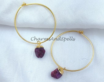 Genuine Ruby Raw Stone Earrings, 14K Gold Finish, Red Crystal Hoop Earrings, July Birthstone, Ruby Earrings Gift for Her, Christmas Present