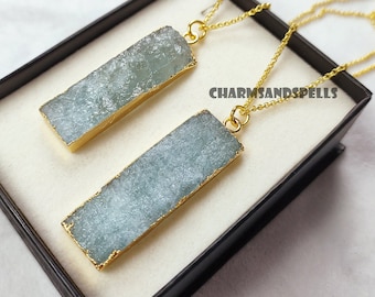 Raw Aquamarine Bar Necklace, Gold Electroplated March Birthstone