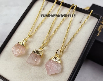Raw Rose Quartz Necklace, Love Healing Crystal Pendant, Boho Gemstone Jewelry, Gift For Her