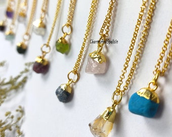 Raw Crystal Necklace, Birthstone Necklace, Healing Raw Stone Necklace, 14K Gold, Silver, Amethyst, Rose Quartz Necklace, Gemstone Jewelry