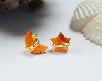 Carnelian Stud Earrings: Crescent Moon & Star Stud Earrings, Sterling Silver Jewelry, Sacral Chakra Healing Gift
