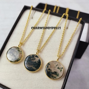 Moss agate round pendant necklace on 14k gold plated dainty chain / Moss jewelry / Unique jewelry gifts for her / Bohemian Necklace / Gifts