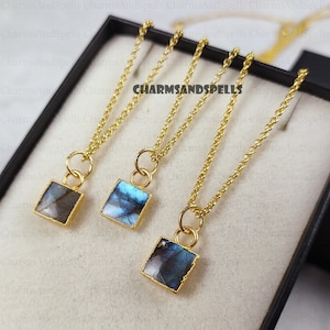 Tiny Labradorite Gem Slice Necklace, Inspirational Gift Necklace, Fire Stone Necklace, Boho Crystal, Layered Necklaces, Gift For Women
