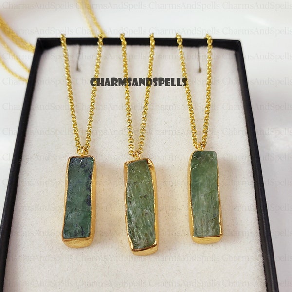 Rare Raw Green Kyanite Necklace, 18k Gold Plated Necklace, Emotional Balance Stone, Handmade, Layering Necklace, Valentine Day Gifts