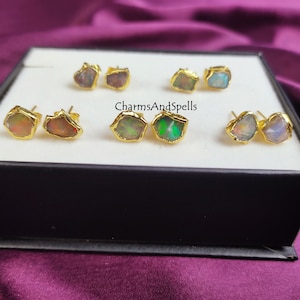 Rough opal stud earrings, raw opal studs, october birthstone, colorful ethiopian opal post earrings, small birthstone stud,boho jewelry gift