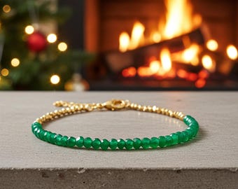 Dainty Green Onyx Bracelet, Natural Gemstone Delicate Bracelet, Boho Healing Crystal Jewelry, Energy Stone, Gift for Her