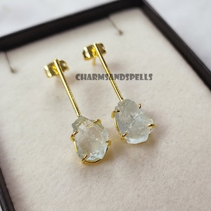 Raw Aquamarine Earrings • Birthstone Earrings • Gemstone Earrings • Dainty Crystal Jewelry • Birthday Gift for Her • Christmas Gift • Gifts