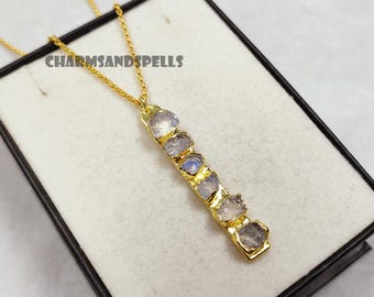 Raw Rainbow Moonstone Pendant Necklace, Vintage Look Necklace, Boho Jewelry, Natural Gemstone Necklace, June Birthstone, Bridal Necklace