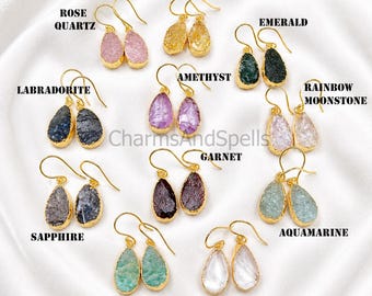 Natural Gemstone Earrings, Raw Crystal Teardrop Earrings, Dangle Earrings, Rose Quartz Amethyst Citrine, Boho Jewelry Gift for Her