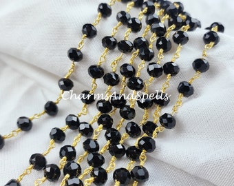 Black Onyx Rosary Chain, Wire Wrapped Gemstone Beads, Jewelry Making Craft Supply For Designers