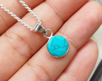 Howlite Turquoise Round Pendant Necklace, Women Pendant, Blue Gemstone Necklace, Boho Jewelry, Minimalist Gift For Her